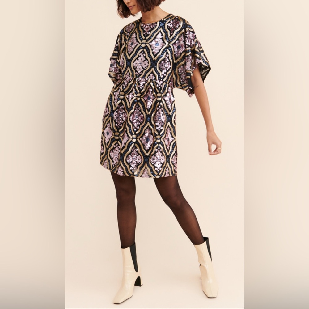 Anthropologie Black and Purple Patterned Dress